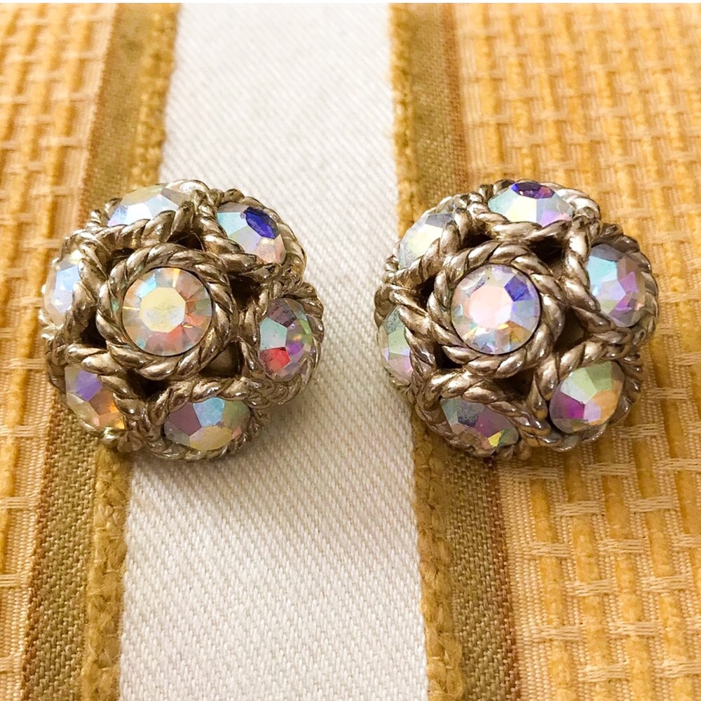 Vintage Sarah Coventry Aurora Borealis Rhinestone Encrusted Domed Clip Earrings